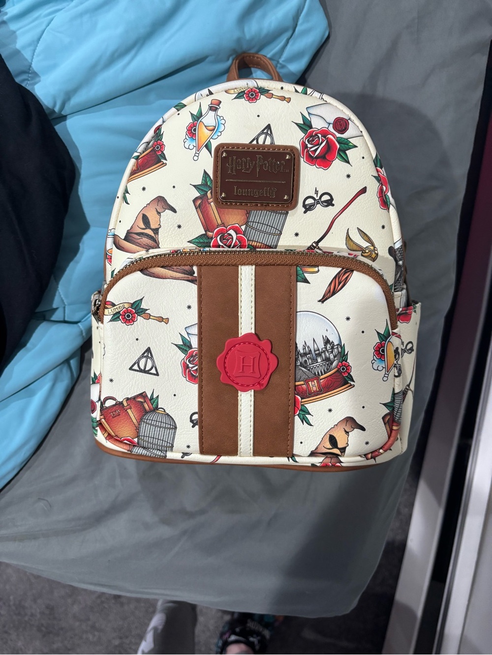 Loungefly Cream Harry Potter Icon tattoo Mini Backpack with Red Rose Accents